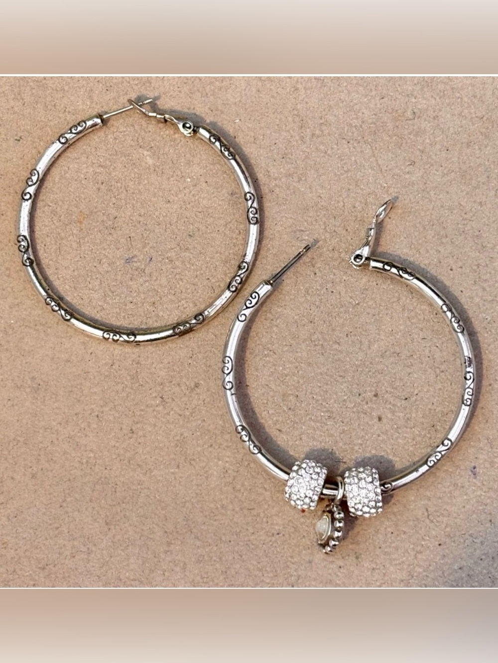 Pair Brighton Large Hoop Charm earrings Hold mini & regular charms, beads Silver